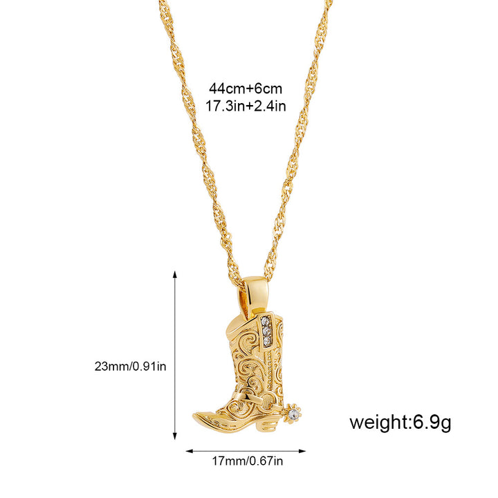 Retro Cowgirl Pendant in gold tone with measurements: pendant 23 x 17 mm, chain 44 cm plus 6 cm extender