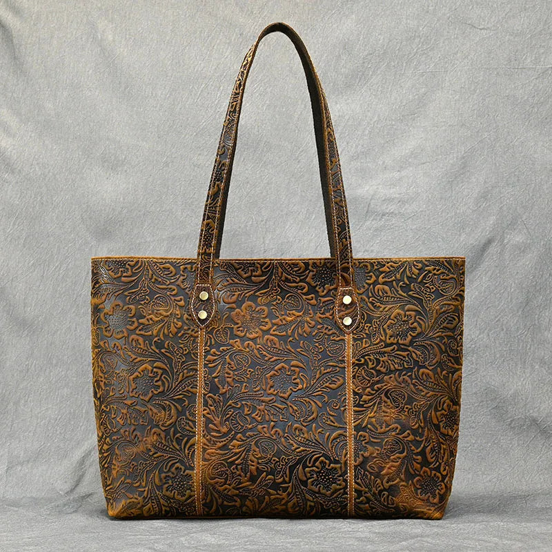 Vintage Floral Embossed Leather Tote