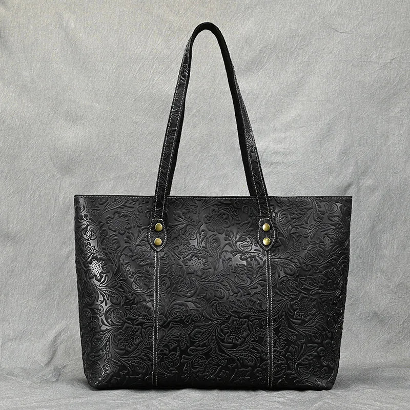 Vintage Floral Embossed Leather Tote