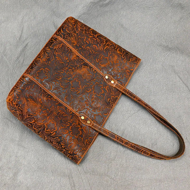 Vintage Floral Embossed Leather Tote
