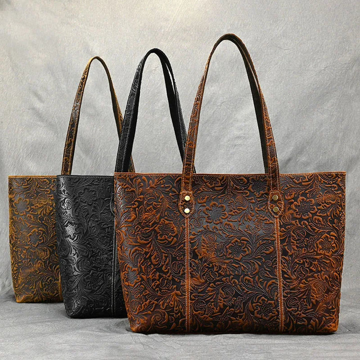Vintage Floral Embossed Leather Tote