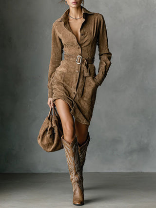 Adeline | Belted Suede-Look Midi Dress
