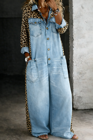 Amanda | Leopard-Panel Denim Jumpsuit