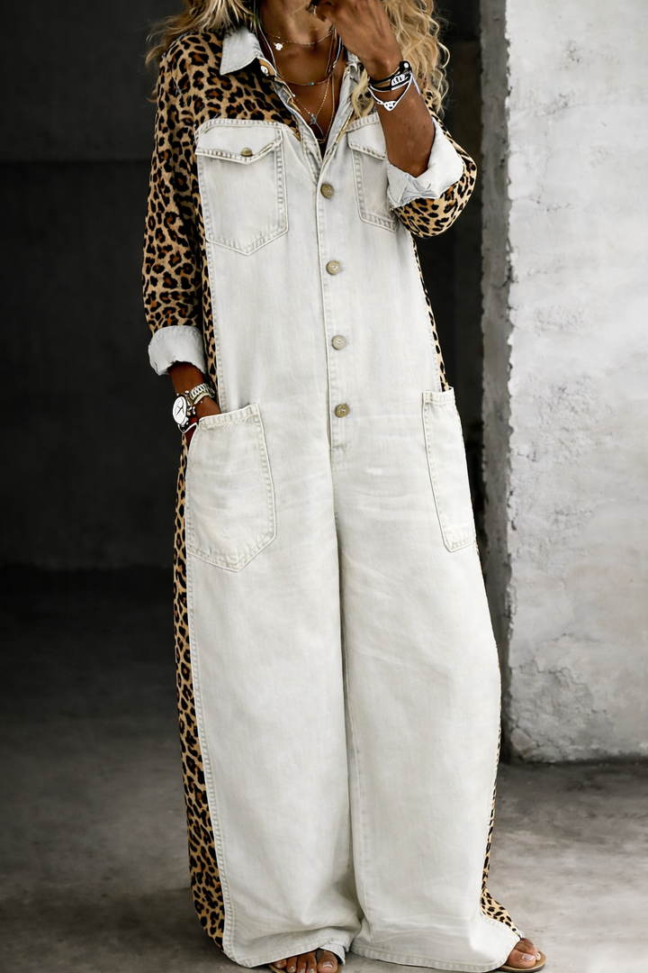 Amanda | Leopard-Panel Denim Jumpsuit