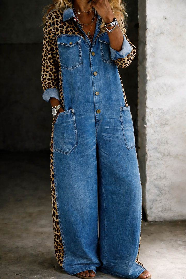 Amanda | Leopard-Panel Denim Jumpsuit