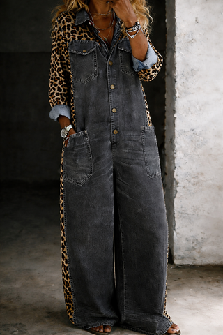 Amanda | Leopard-Panel Denim Jumpsuit