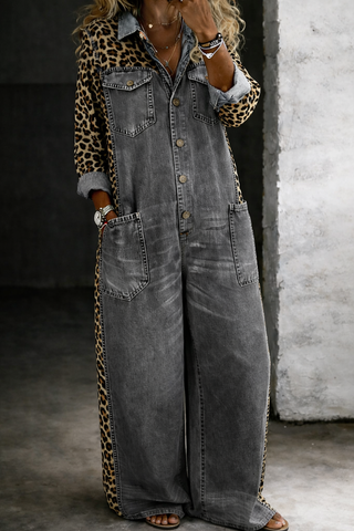 Amanda | Leopard-Panel Denim Jumpsuit
