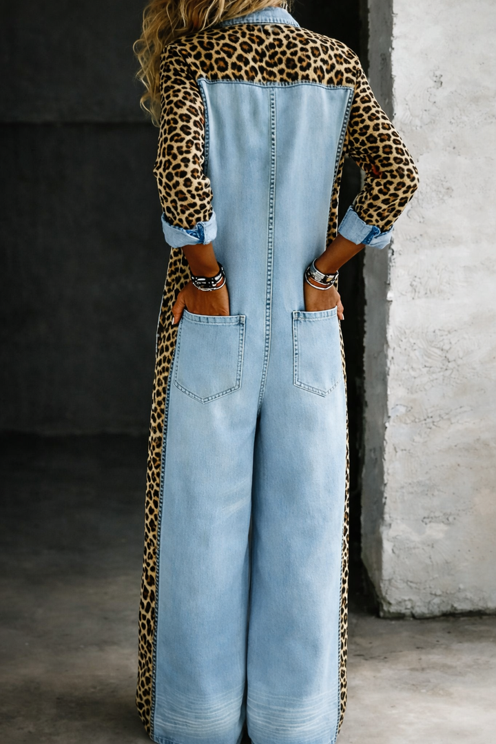 Amanda | Leopard-Panel Denim Jumpsuit