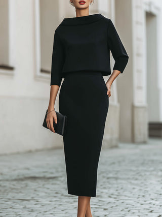 Boat Neck Top & Midi Skirt Set