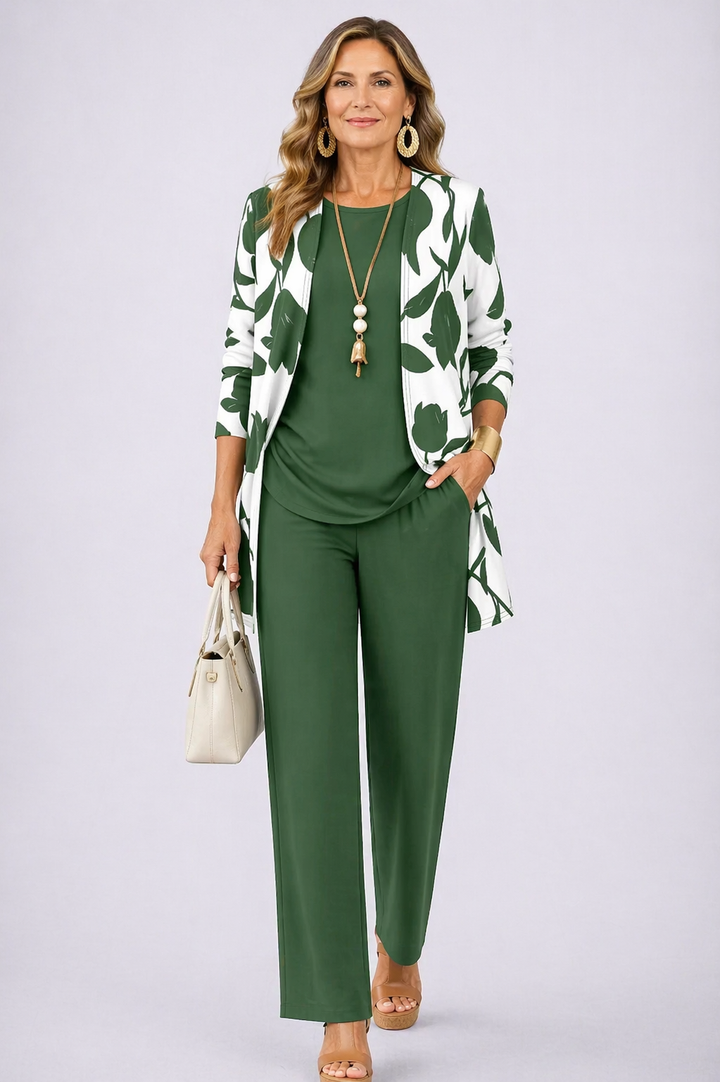 Annika | Green Leaf-Print Three-Piece Set