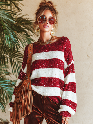 Candice | Sequin Striped Holiday Sweater
