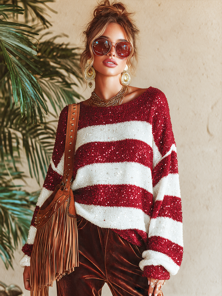 Candice | Sequin Striped Holiday Sweater