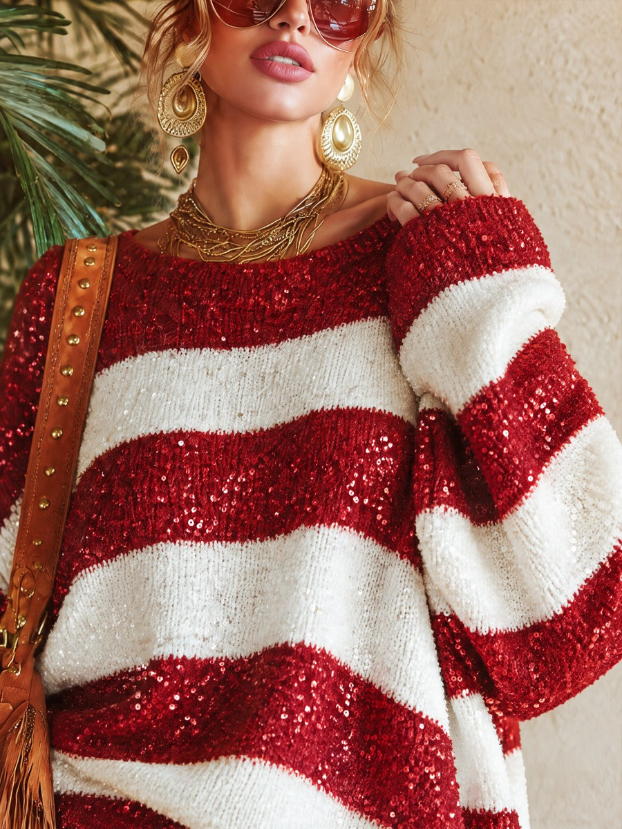 Candice | Sequin Striped Holiday Sweater