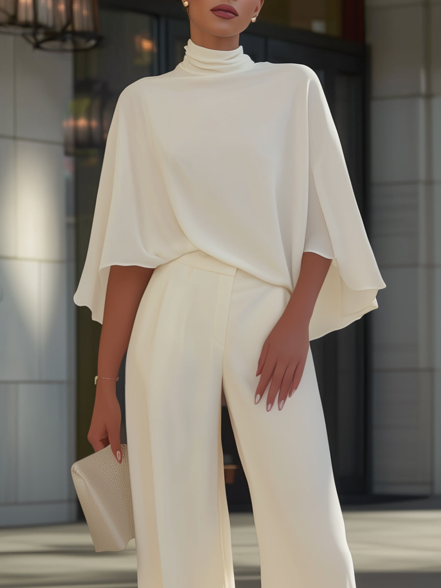 Cape-Sleeve Blouse & Wide-Leg Trouser Set