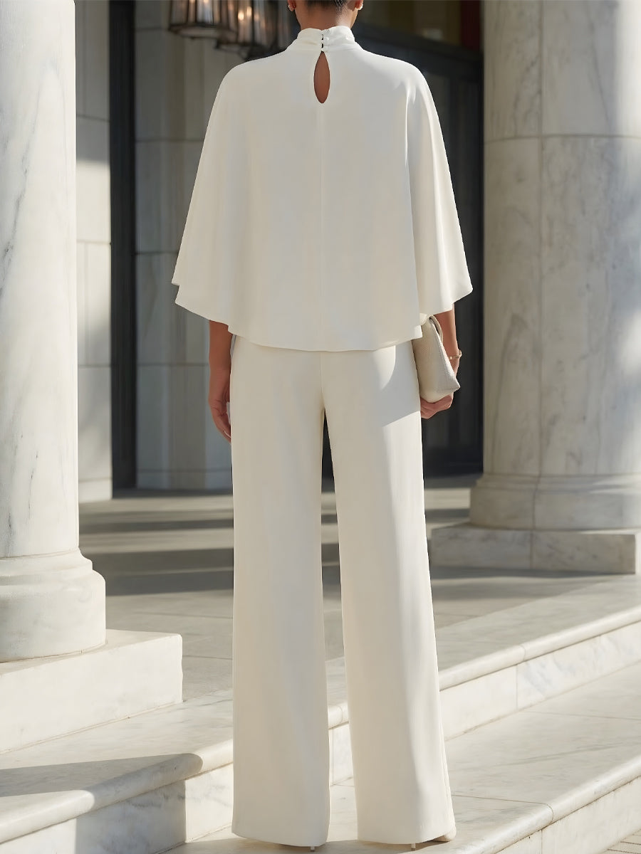 Cape-Sleeve Blouse & Wide-Leg Trouser Set