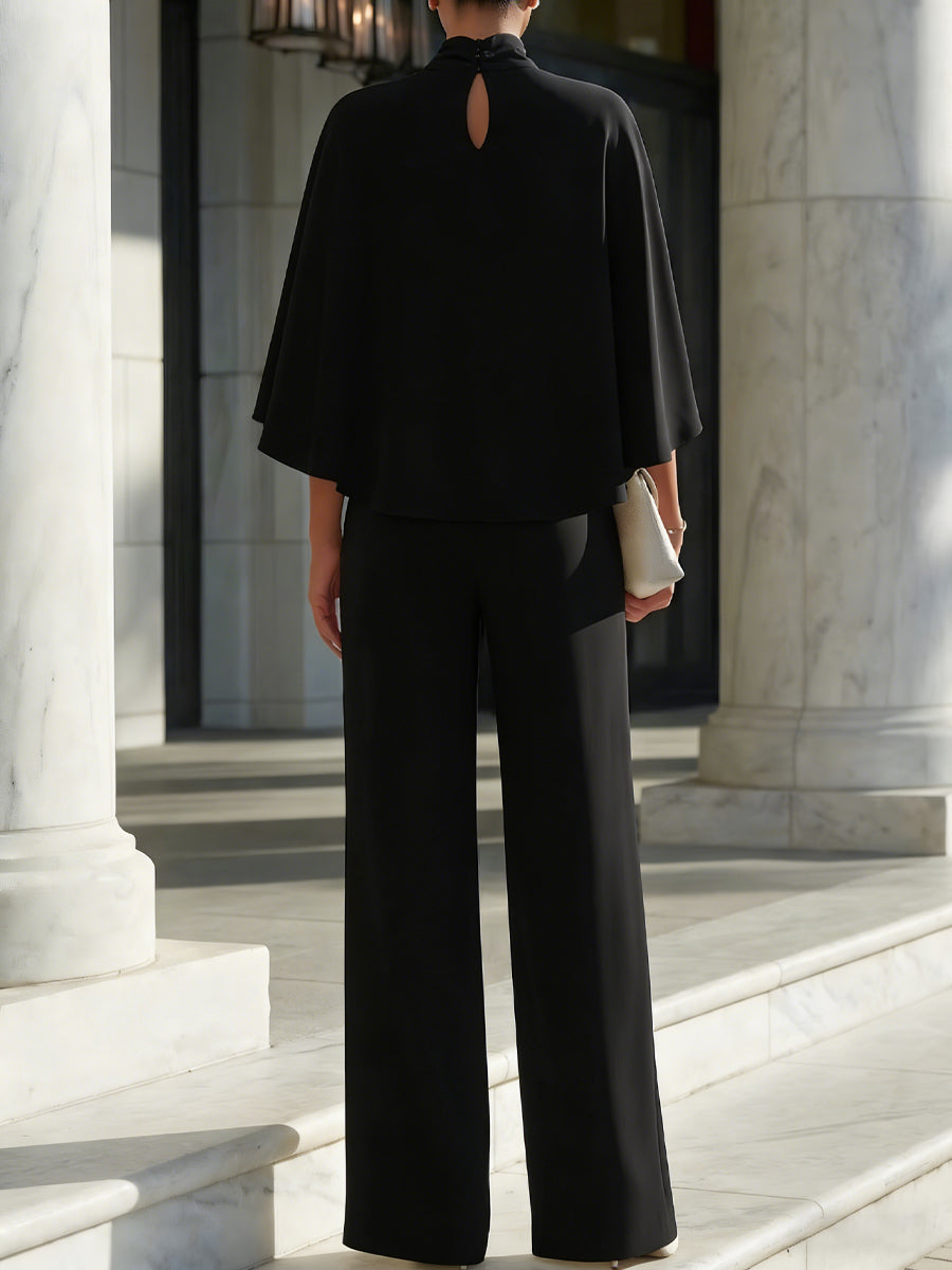 Cape-Sleeve Blouse & Wide-Leg Trouser Set