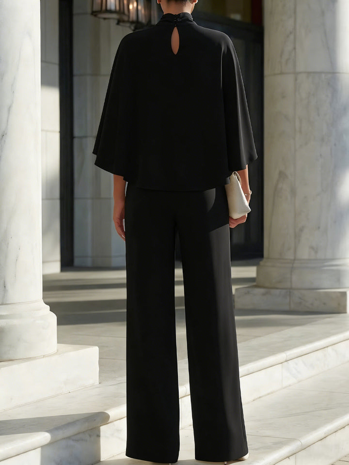 Cape-Sleeve Blouse & Wide-Leg Trouser Set
