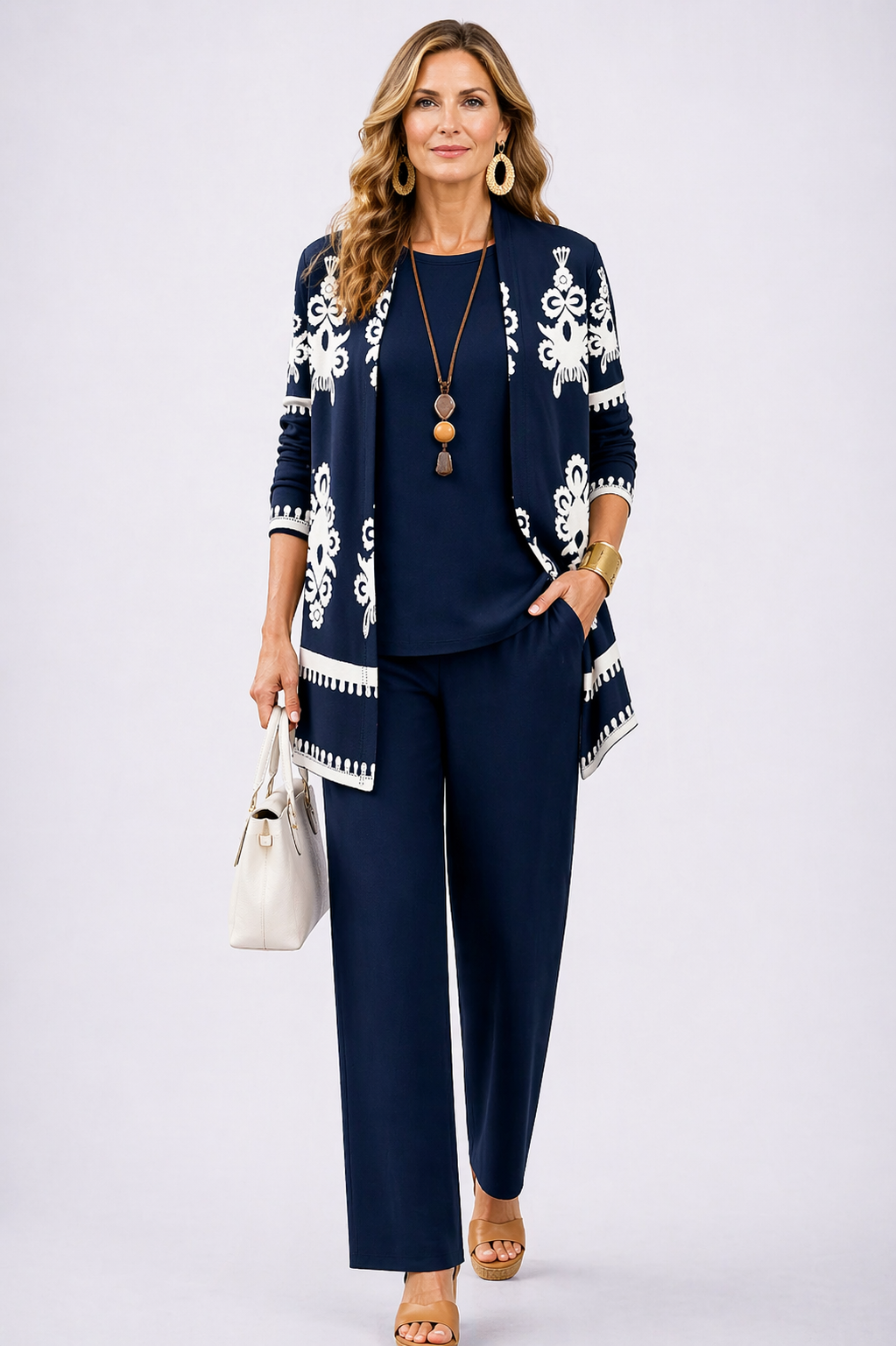 Carol | Navy Ornament-Print Three-Piece Set