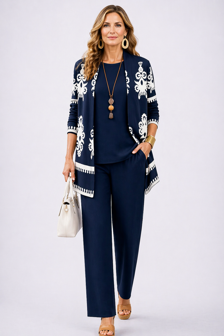 Carol | Navy Ornament-Print Three-Piece Set