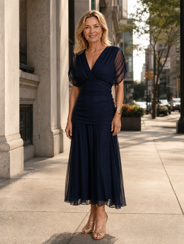 Celestine | Ruched Flutter Midi Dress