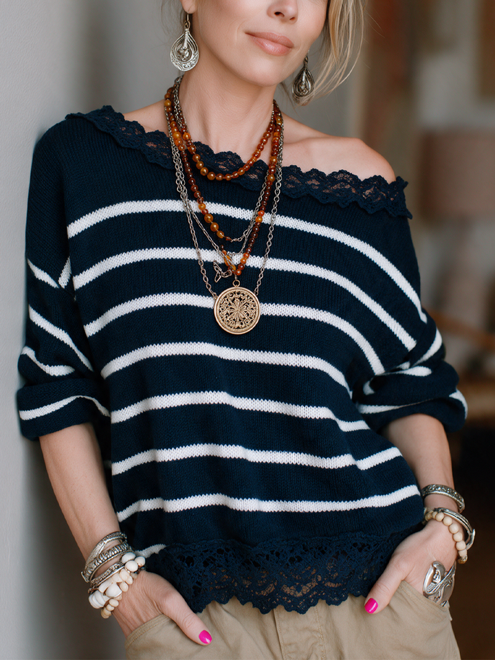 Nell | Striped Off-Shoulder Lace-Trim Sweater