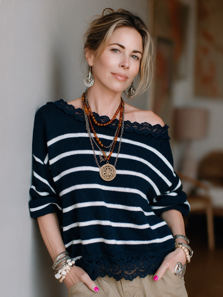 Nell | Striped Off-Shoulder Lace-Trim Sweater