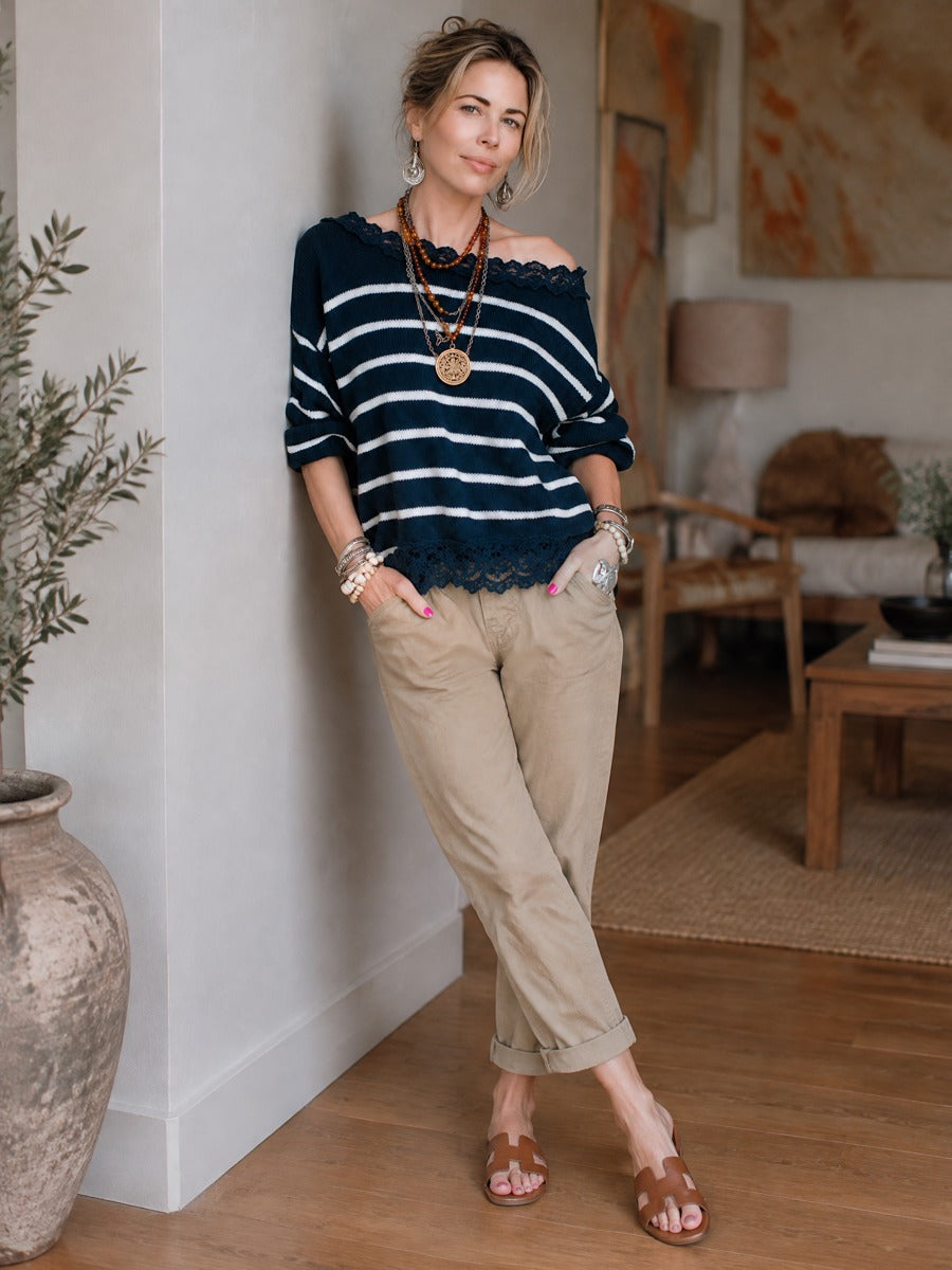 Nell | Striped Off-Shoulder Lace-Trim Sweater