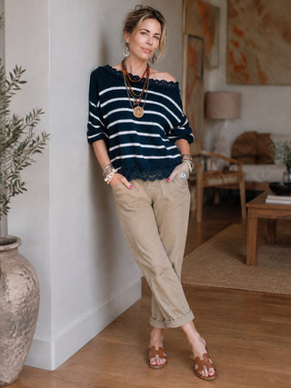 Nell | Striped Off-Shoulder Lace-Trim Sweater