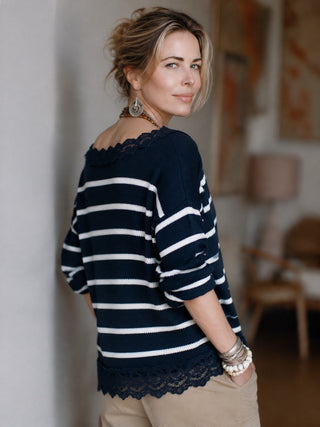 Nell | Striped Off-Shoulder Lace-Trim Sweater