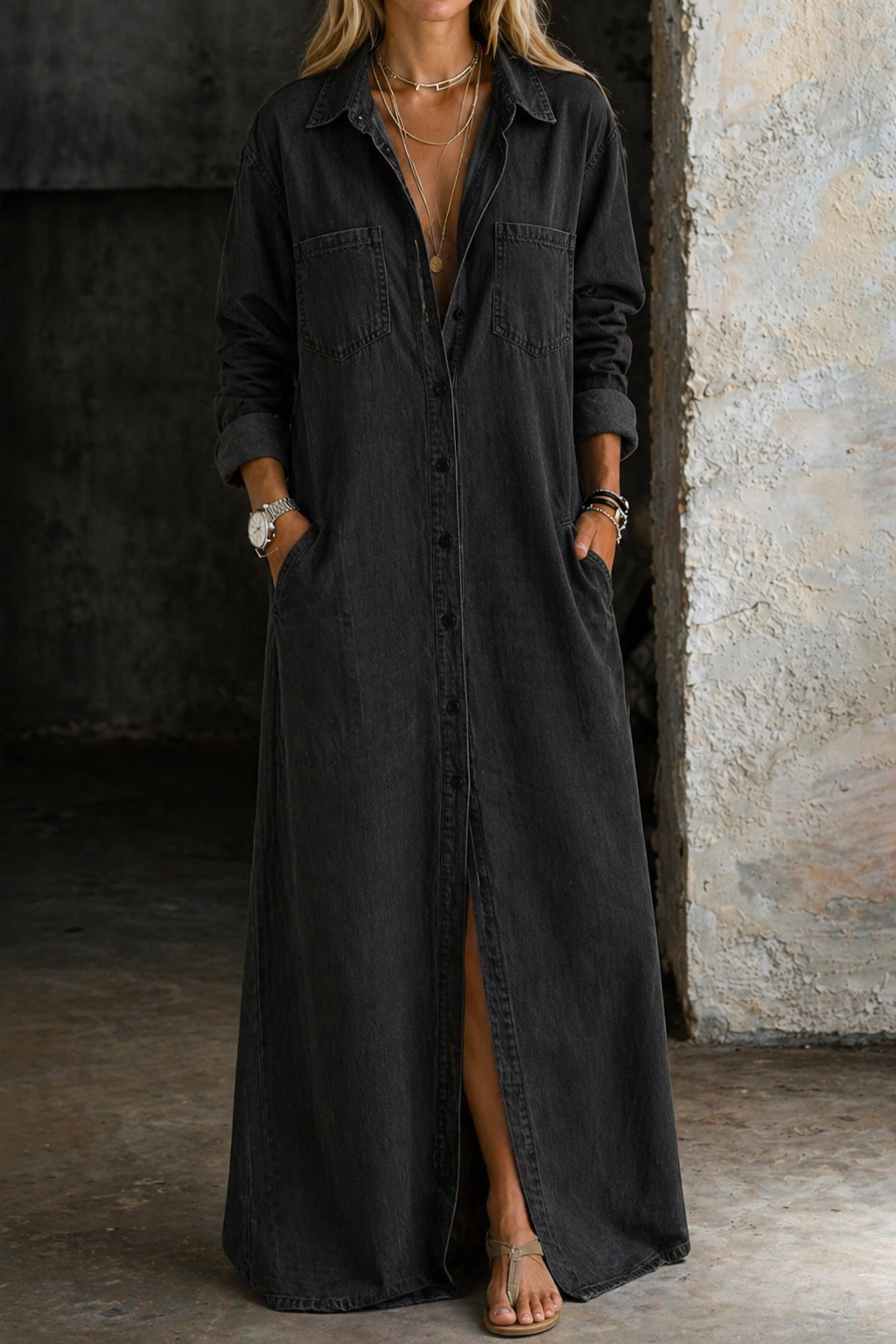 Delana | Denim Maxi Shirt Dress