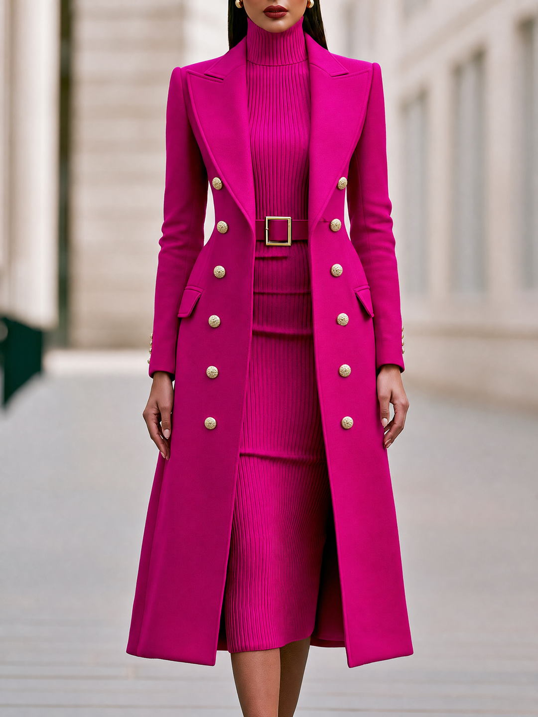 Double-Breasted Coat & Knit Dress Set