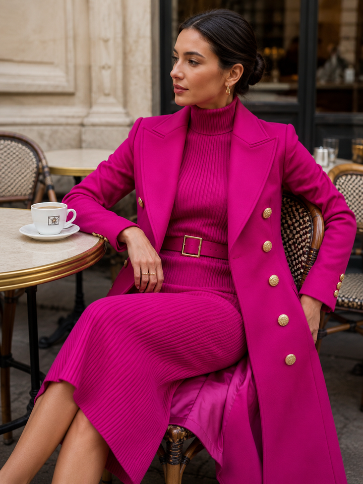 Double-Breasted Coat & Knit Dress Set