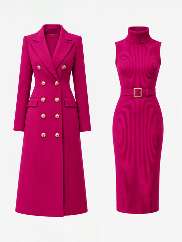 Double-Breasted Coat & Knit Dress Set