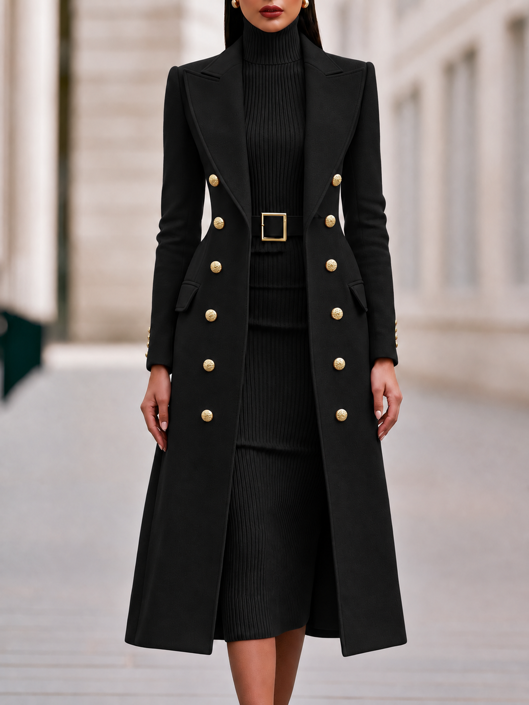 Double-Breasted Coat & Knit Dress Set
