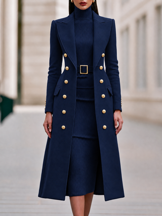 Double-Breasted Coat & Knit Dress Set