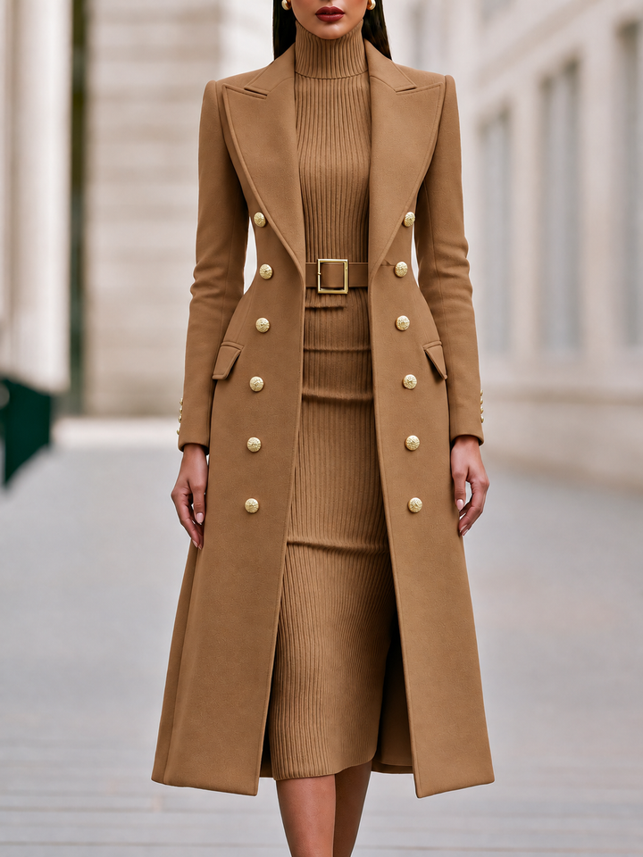 Double-Breasted Coat & Knit Dress Set
