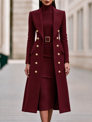 Double-Breasted Coat & Knit Dress Set