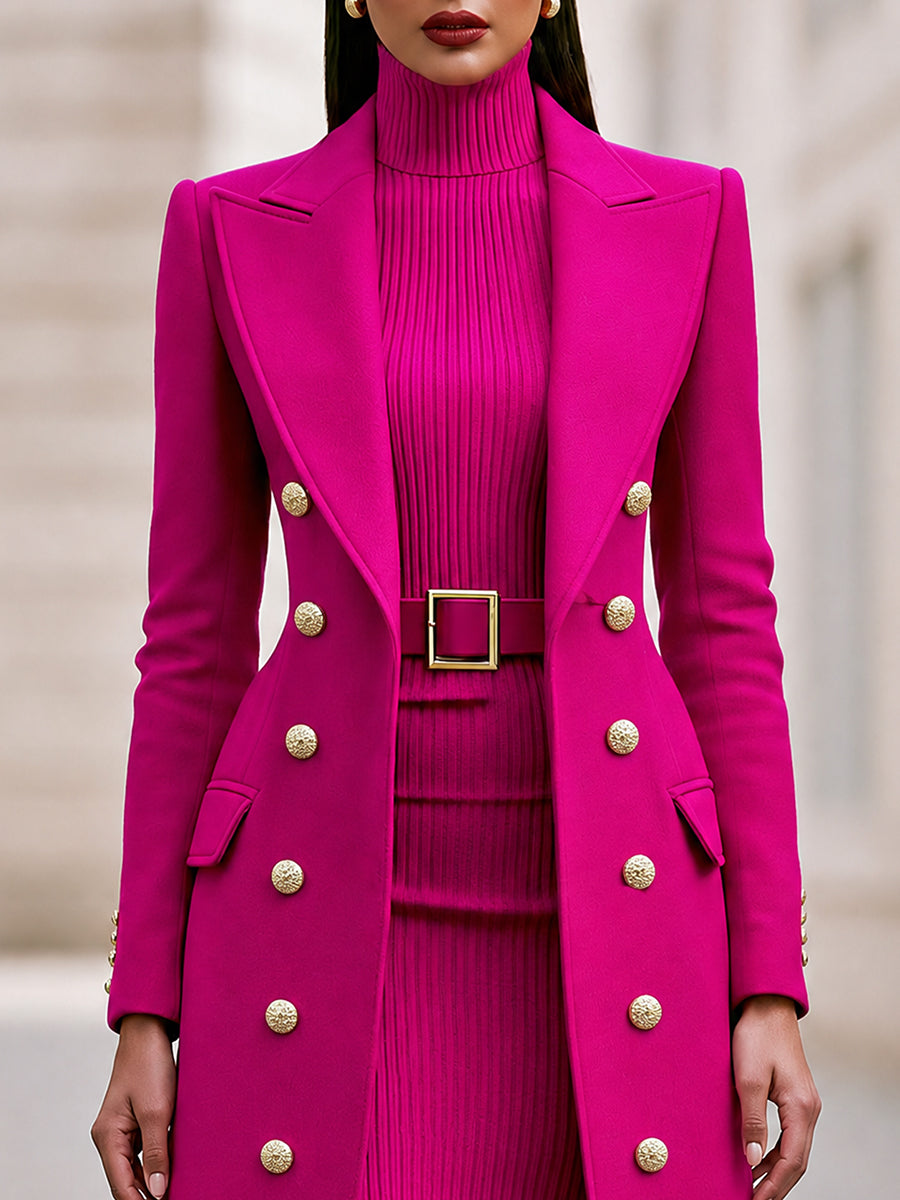 Double-Breasted Coat & Knit Dress Set