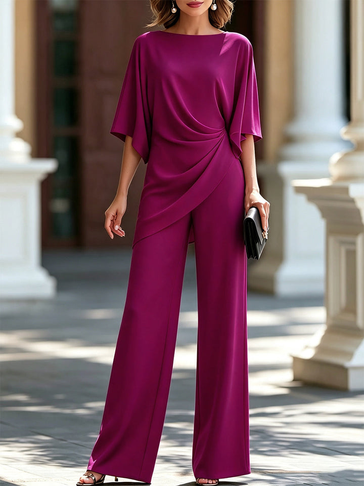Draped Waist Blouse & Wide-Leg Pants Set