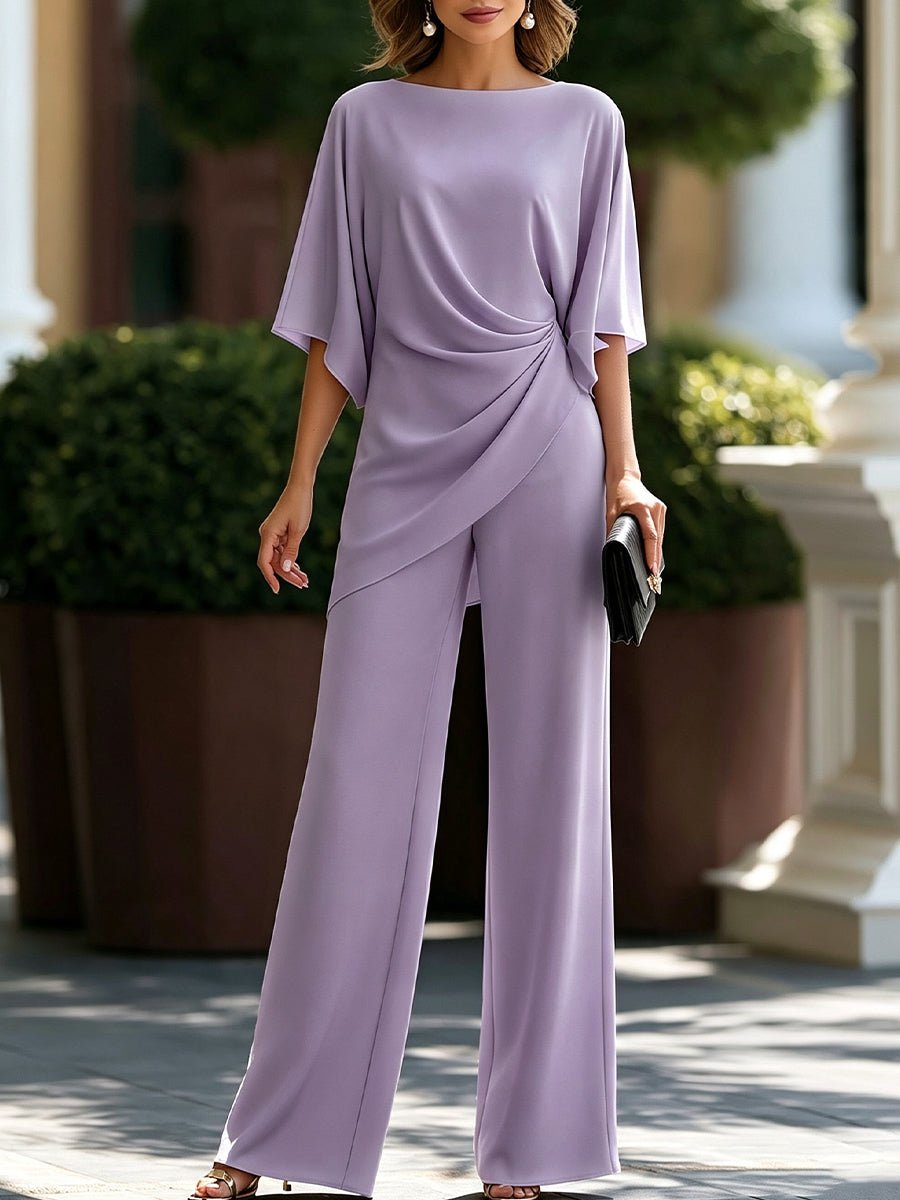 Draped Waist Blouse & Wide-Leg Pants Set