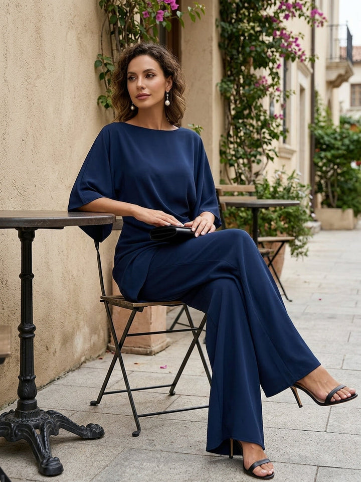 Draped Waist Blouse & Wide-Leg Pants Set