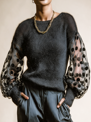 Effie | Polka-Dot Sleeve Fuzzy Sweater