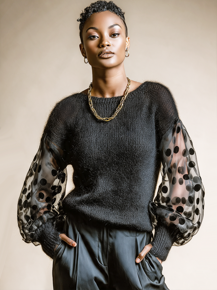 Effie | Polka-Dot Sleeve Fuzzy Sweater