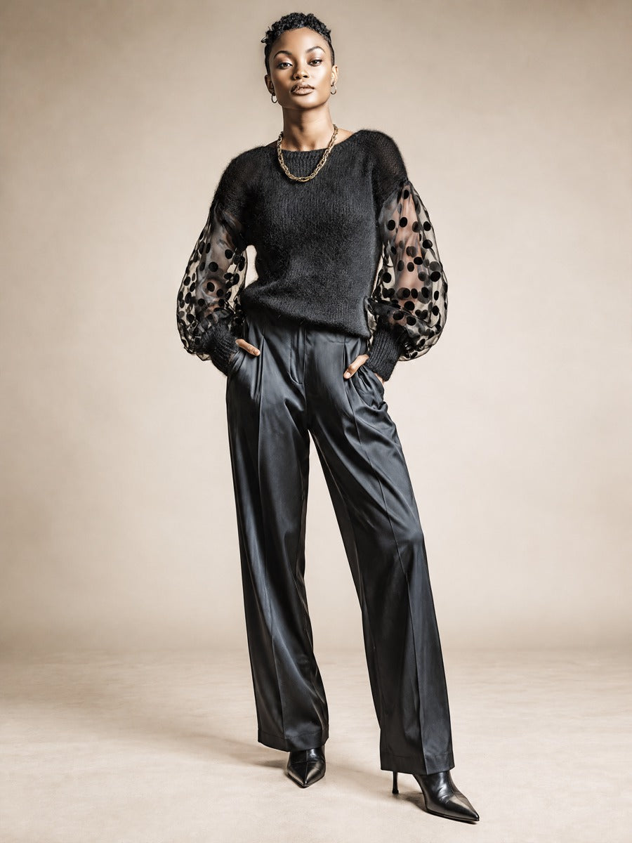 Effie | Polka-Dot Sleeve Fuzzy Sweater