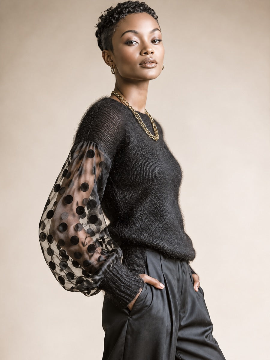 Effie | Polka-Dot Sleeve Fuzzy Sweater