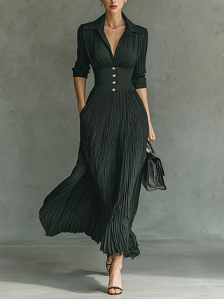 Elvire | Pleated Lapel Maxi Dress