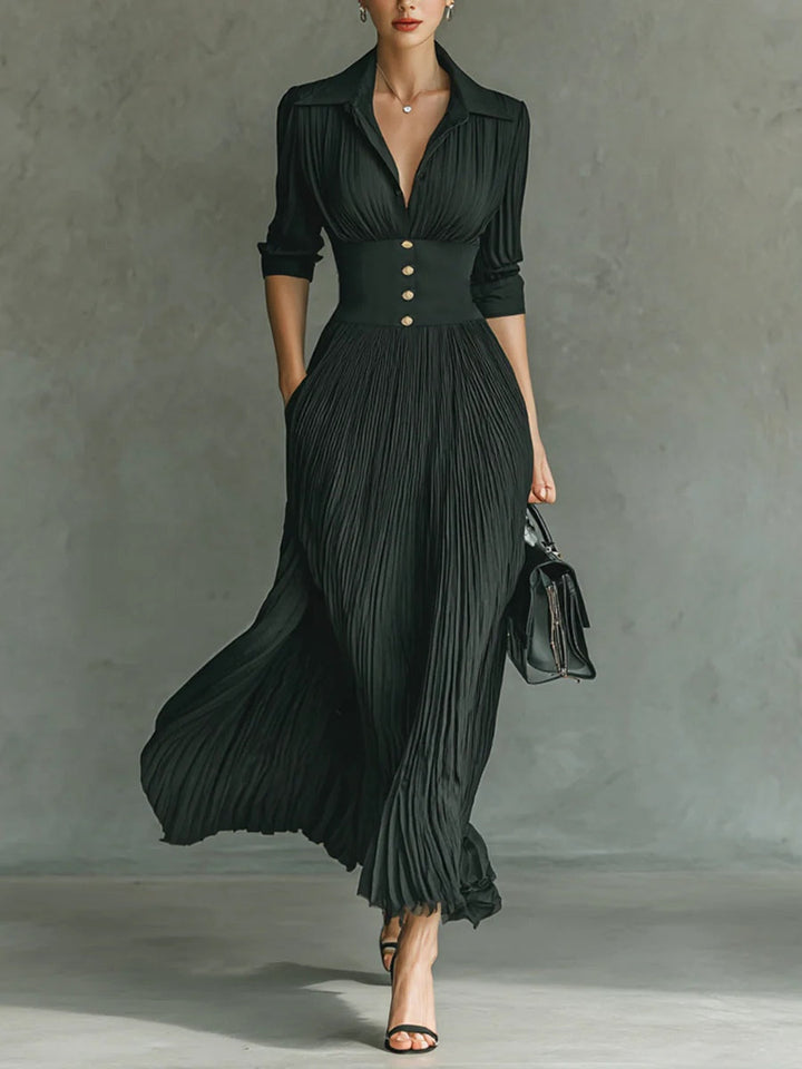 Elvire | Pleated Lapel Maxi Dress