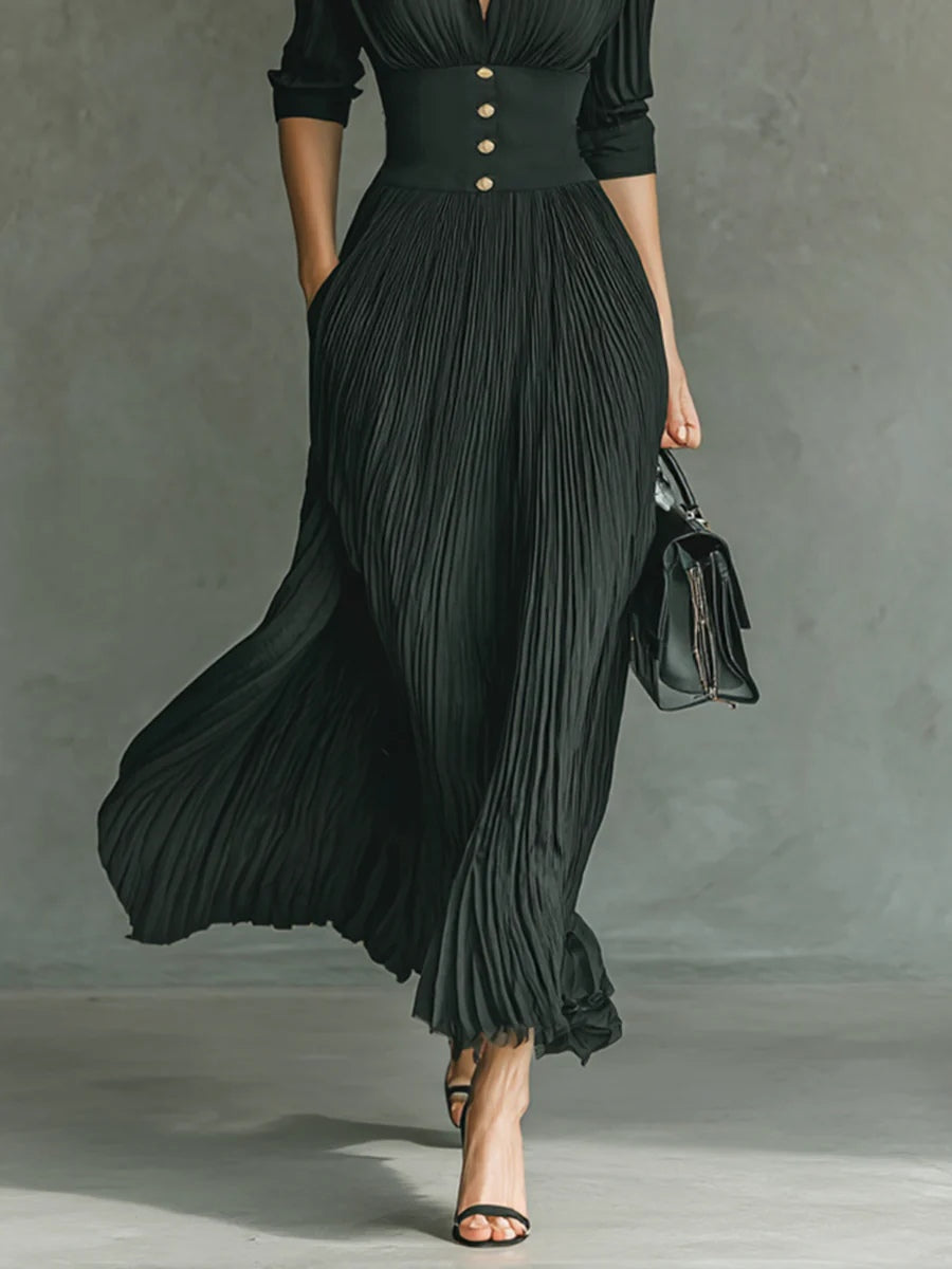 Elvire | Pleated Lapel Maxi Dress