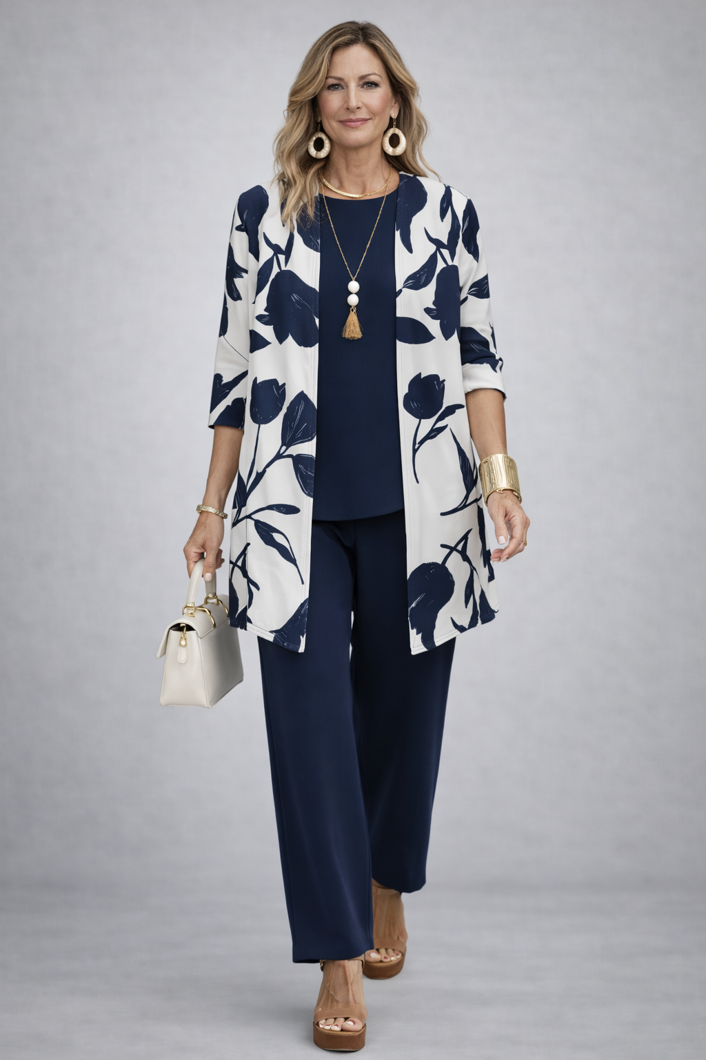 Evania | Navy Leaf-Print Three-Piece Set