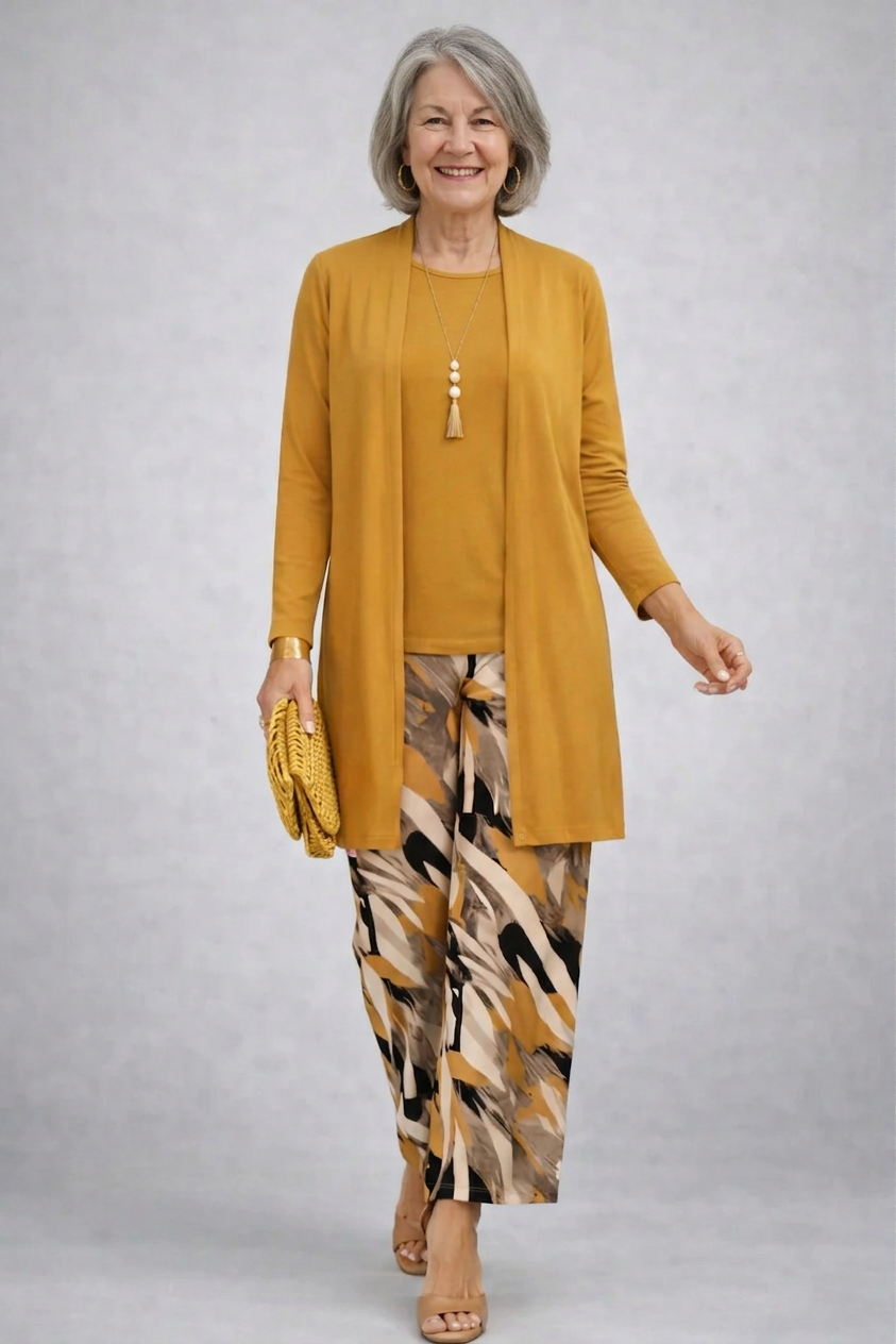 Faelina | Mustard Print-Trouser Three-Piece Set